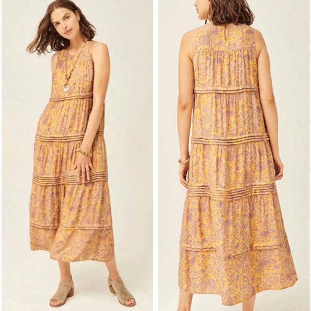 J. Jill Paisley Tiered Pleated Relaxed Fit Sleeveless Yellow Purple Midi Dress L